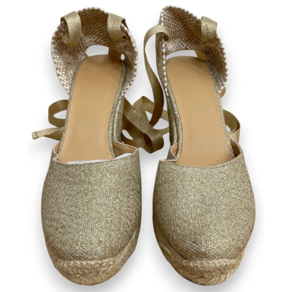 Castaner Carina Wedge Espadrilles Womens 38 7.5 Gold Wedges Sandals Lace Up New